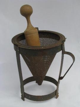 catalog photo of vintage kitchen food mill, tripod stand strainer sieve cone/wood masher