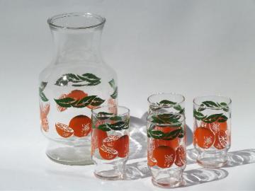 catalog photo of vintage kitchen glass orange juice set, swanky swigs glasses and bottle