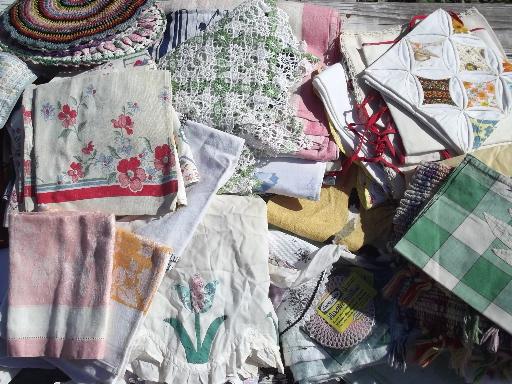 photo of vintage kitchen linens lot, 75+ pcs feedsack dish towels, tablecloths etc. #1