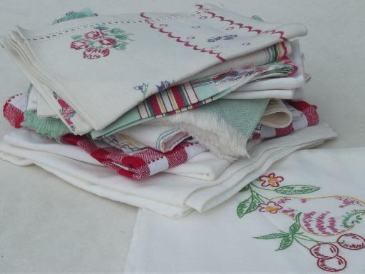 photo of vintage kitchen linens lot, cotton plaid towels, hand embroidered towels #1