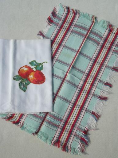 photo of vintage kitchen linens lot, cotton plaid towels, hand embroidered towels #2