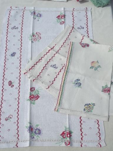 photo of vintage kitchen linens lot, cotton plaid towels, hand embroidered towels #3