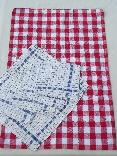 photo of vintage kitchen linens lot, cotton plaid towels, hand embroidered towels #7