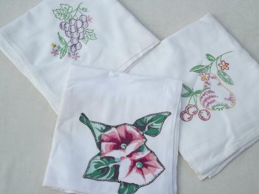 photo of vintage kitchen linens lot, cotton plaid towels, hand embroidered towels #8