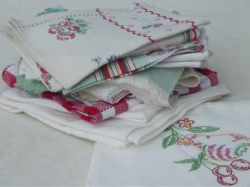 catalog photo of vintage kitchen linens lot, cotton plaid towels, hand embroidered towels