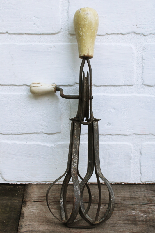 photo of vintage kitchen old antique egg beaters, lot of four hand crank rotary mixers  #2