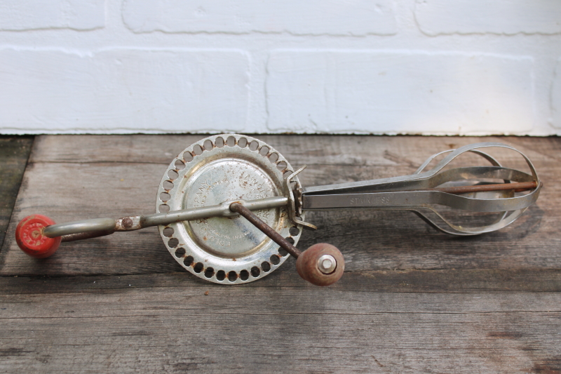 photo of vintage kitchen old antique egg beaters, lot of four hand crank rotary mixers  #3