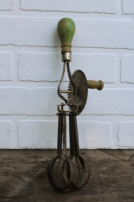photo of vintage kitchen old antique egg beaters, lot of four hand crank rotary mixers  #6