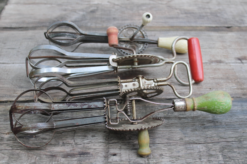 photo of vintage kitchen old antique egg beaters, lot of four hand crank rotary mixers  #9