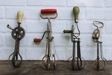 catalog photo of vintage kitchen old antique egg beaters, lot of four hand crank rotary mixers 