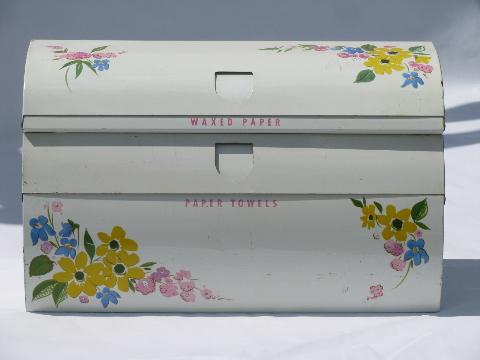 photo of vintage kitchen paper towel / wax paper dispenser, Ransburg style painted metal, flowers #1