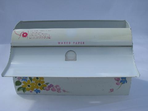 photo of vintage kitchen paper towel / wax paper dispenser, Ransburg style painted metal, flowers #4