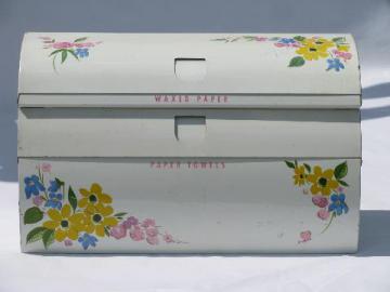 catalog photo of vintage kitchen paper towel / wax paper dispenser, Ransburg style painted metal, flowers