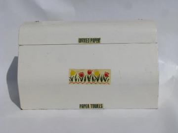 catalog photo of vintage kitchen paper towel & wax paper dispenser, red & yellow tulips