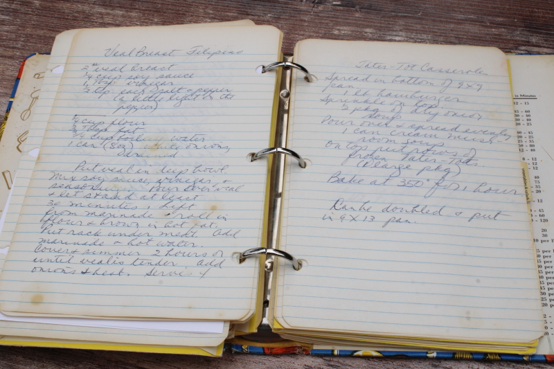 photo of vintage kitchen scrapbook cookbook, lot of hand written recipes, recipe cards, clippings  #2