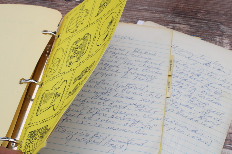 photo of vintage kitchen scrapbook cookbook, lot of hand written recipes, recipe cards, clippings  #7