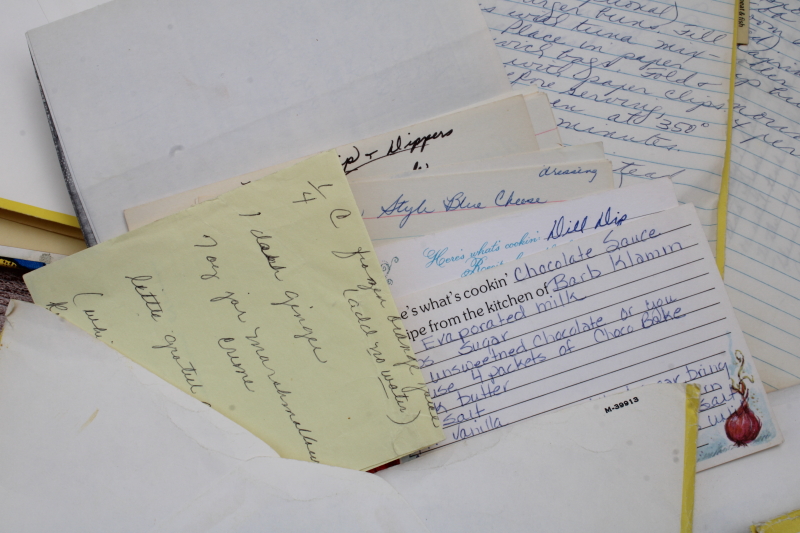 photo of vintage kitchen scrapbook cookbook, lot of hand written recipes, recipe cards, clippings  #8