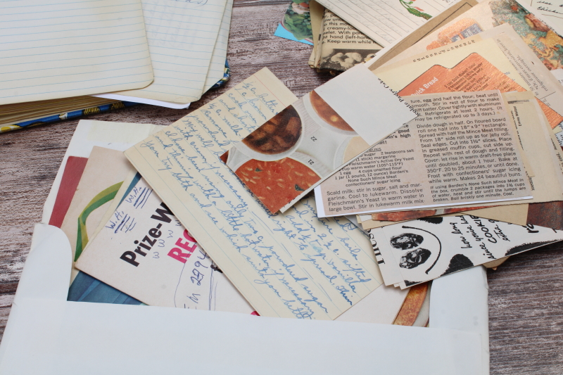 photo of vintage kitchen scrapbook cookbook, lot of hand written recipes, recipe cards, clippings  #11