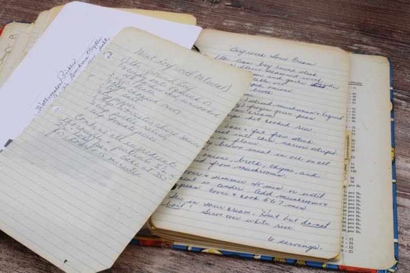 photo of vintage kitchen scrapbook cookbook, lot of hand written recipes, recipe cards, clippings  #13