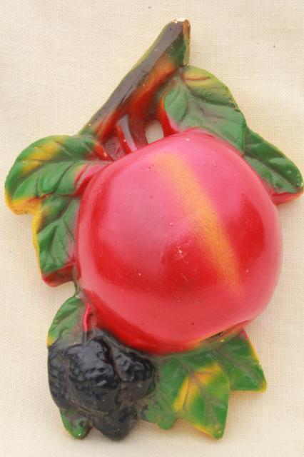 photo of vintage kitchen string holder, big red apple chalkware fruit wall plaque #6
