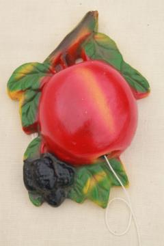 catalog photo of vintage kitchen string holder, big red apple chalkware fruit wall plaque