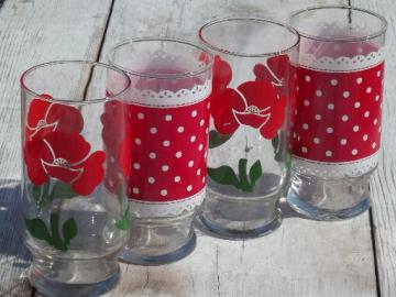 catalog photo of vintage kitchen swanky swigs glasses, geraniums, red and white polka dots!