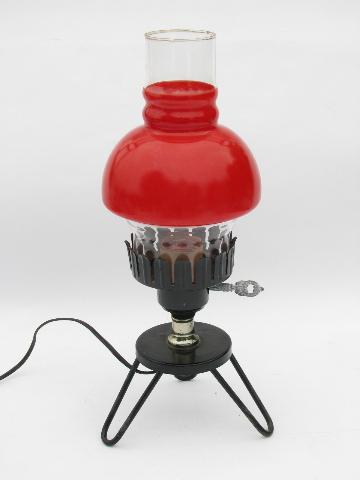 photo of vintage kitchen table light, black iron w/ red glass lamp shade #1