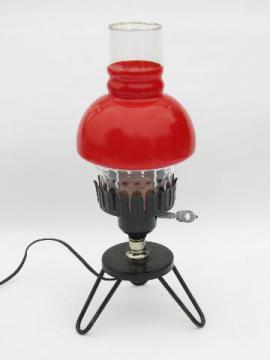 catalog photo of vintage kitchen table light, black iron w/ red glass lamp shade