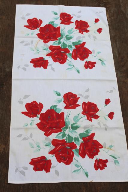 photo of vintage kitchen tablecloth & dish towels, red & yellow rose print cotton fabric #2