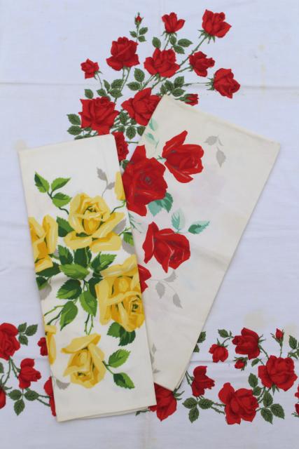 photo of vintage kitchen tablecloth & dish towels, red & yellow rose print cotton fabric #5