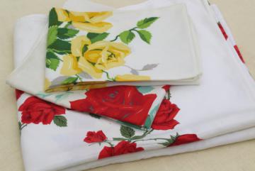 catalog photo of vintage kitchen tablecloth & dish towels, red & yellow rose print cotton fabric