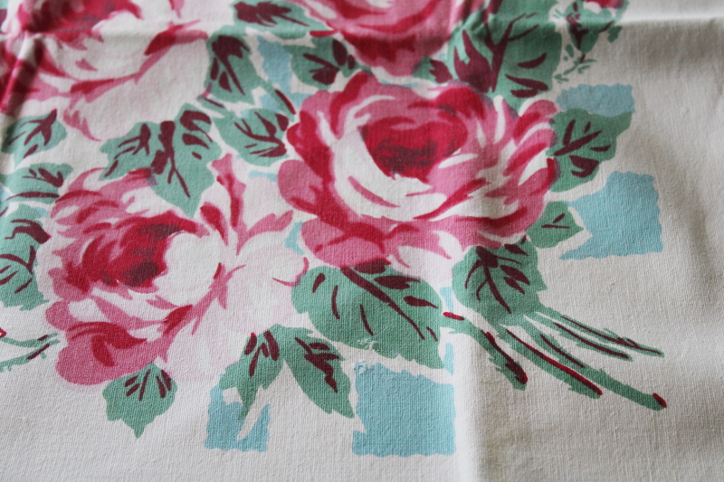 photo of vintage kitchen tablecloth, pink roses floral print aqua border heavy cotton Wilendure type tablecloth #1