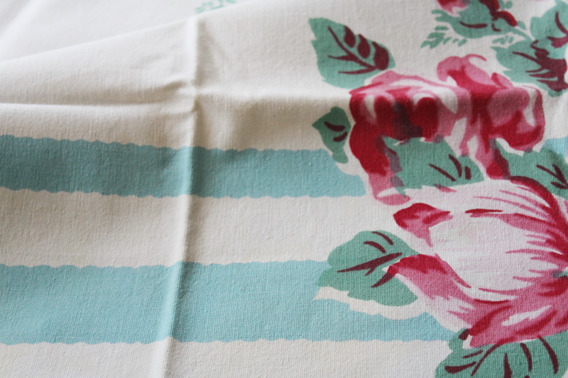 photo of vintage kitchen tablecloth, pink roses floral print aqua border heavy cotton Wilendure type tablecloth #2