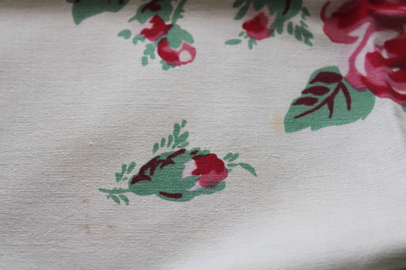 photo of vintage kitchen tablecloth, pink roses floral print aqua border heavy cotton Wilendure type tablecloth #3