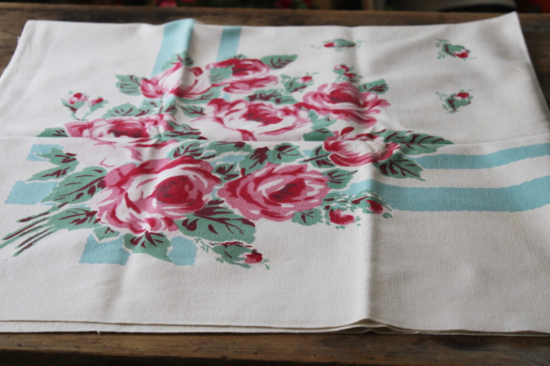 photo of vintage kitchen tablecloth, pink roses floral print aqua border heavy cotton Wilendure type tablecloth #5