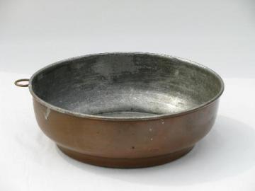 catalog photo of vintage kitchen, tinned copper dairy pan flat bottom bowl
