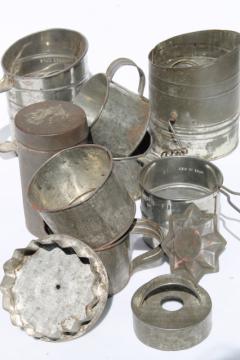 catalog photo of vintage kitchen tinware lot, antique tin mugs, primitive old utensils & tools