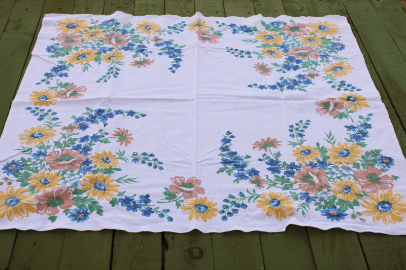 photo of vintage kitchen towel or tablecloth, cottage garden flowers print, feed sack weave cotton fabric  #1