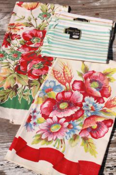 catalog photo of vintage kitchen towels - Startex flower print tea towel set, striped Morgan-Jones dishtowels