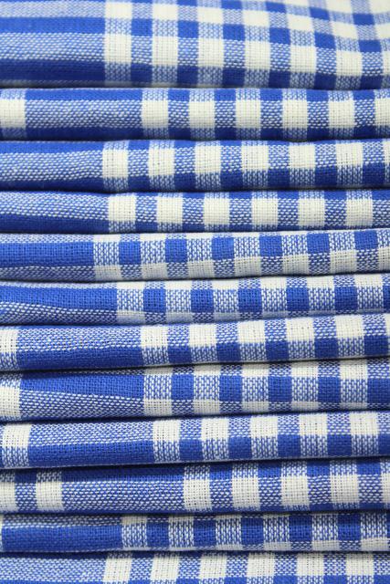 photo of vintage kitchen towels, one dozen blue & white woven gingham checked cotton fabric #1