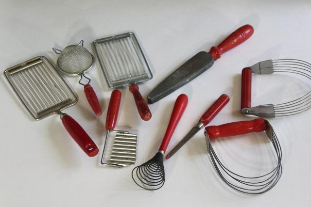 photo of vintage kitchen utensils lot, cherry bakelite & red painted wood handled tools #1