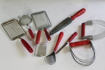 catalog photo of vintage kitchen utensils lot, cherry bakelite & red painted wood handled tools