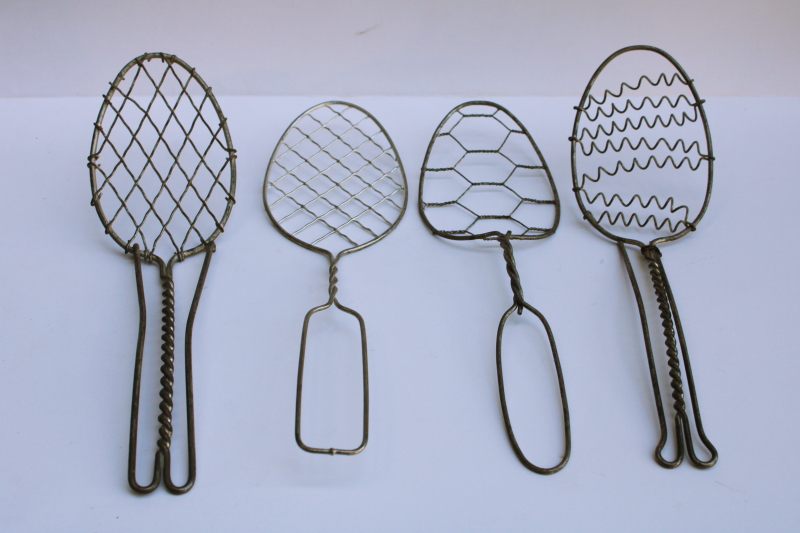 photo of vintage kitchen utensils lot, four different wire spoons, skimmer strainer paddle shape whisks  #1