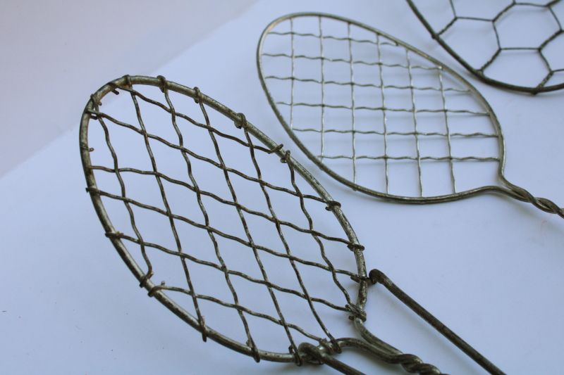 photo of vintage kitchen utensils lot, four different wire spoons, skimmer strainer paddle shape whisks  #2
