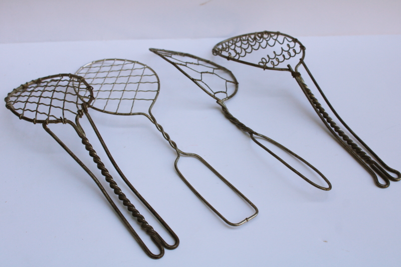 photo of vintage kitchen utensils lot, four different wire spoons, skimmer strainer paddle shape whisks  #4
