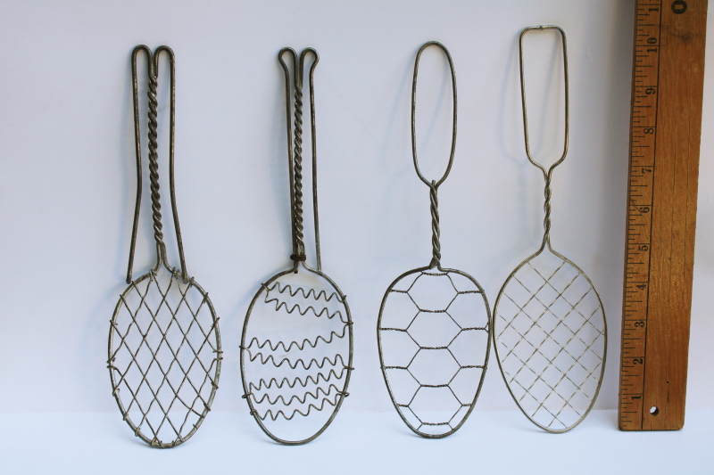 photo of vintage kitchen utensils lot, four different wire spoons, skimmer strainer paddle shape whisks  #5