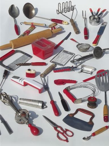 photo of vintage kitchen utensils w/ painted wood handles, red plastic & bakelite #1