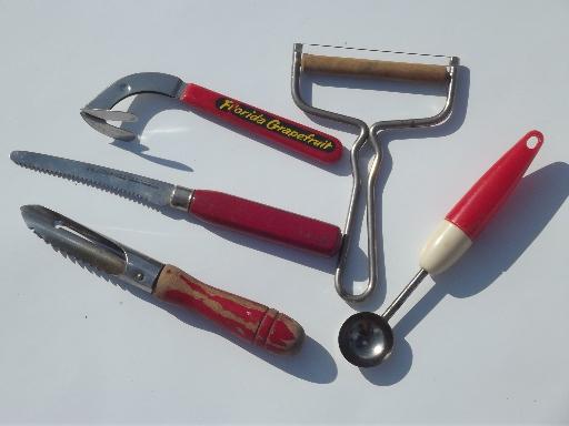 photo of vintage kitchen utensils w/ painted wood handles, red plastic & bakelite #10