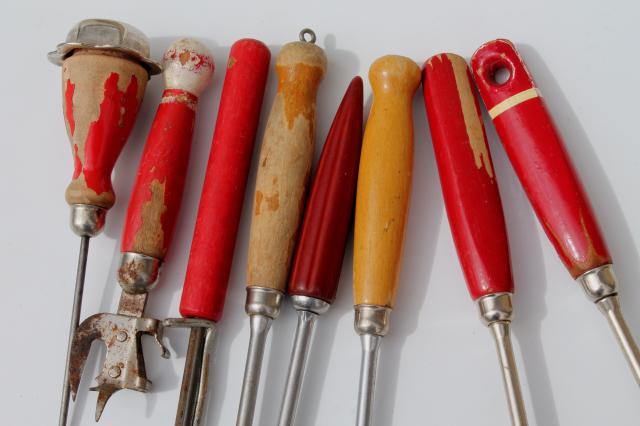 photo of vintage kitchen utensils w/ red handles, red painted wood handled spoons, toast forks, chopper tool #2