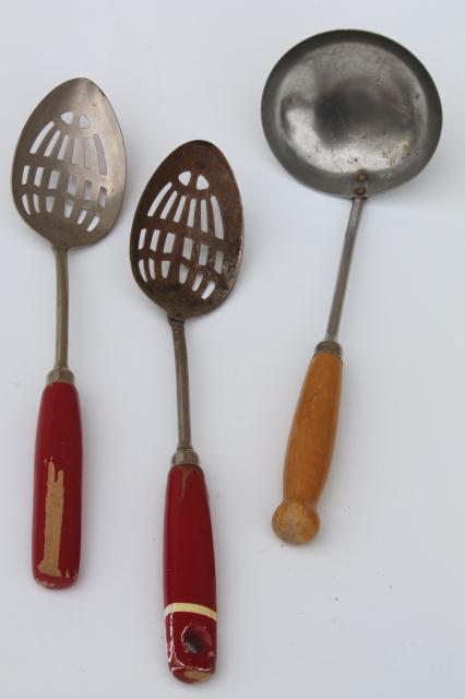 photo of vintage kitchen utensils w/ red handles, red painted wood handled spoons, toast forks, chopper tool #7